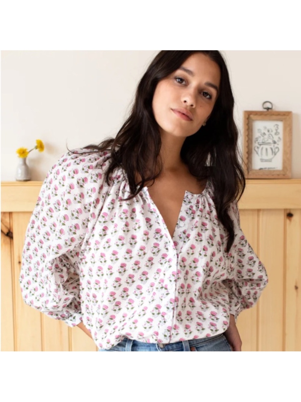 Emerson Fry White Frances Blouse with Pink Rose block Print 💯 cotton